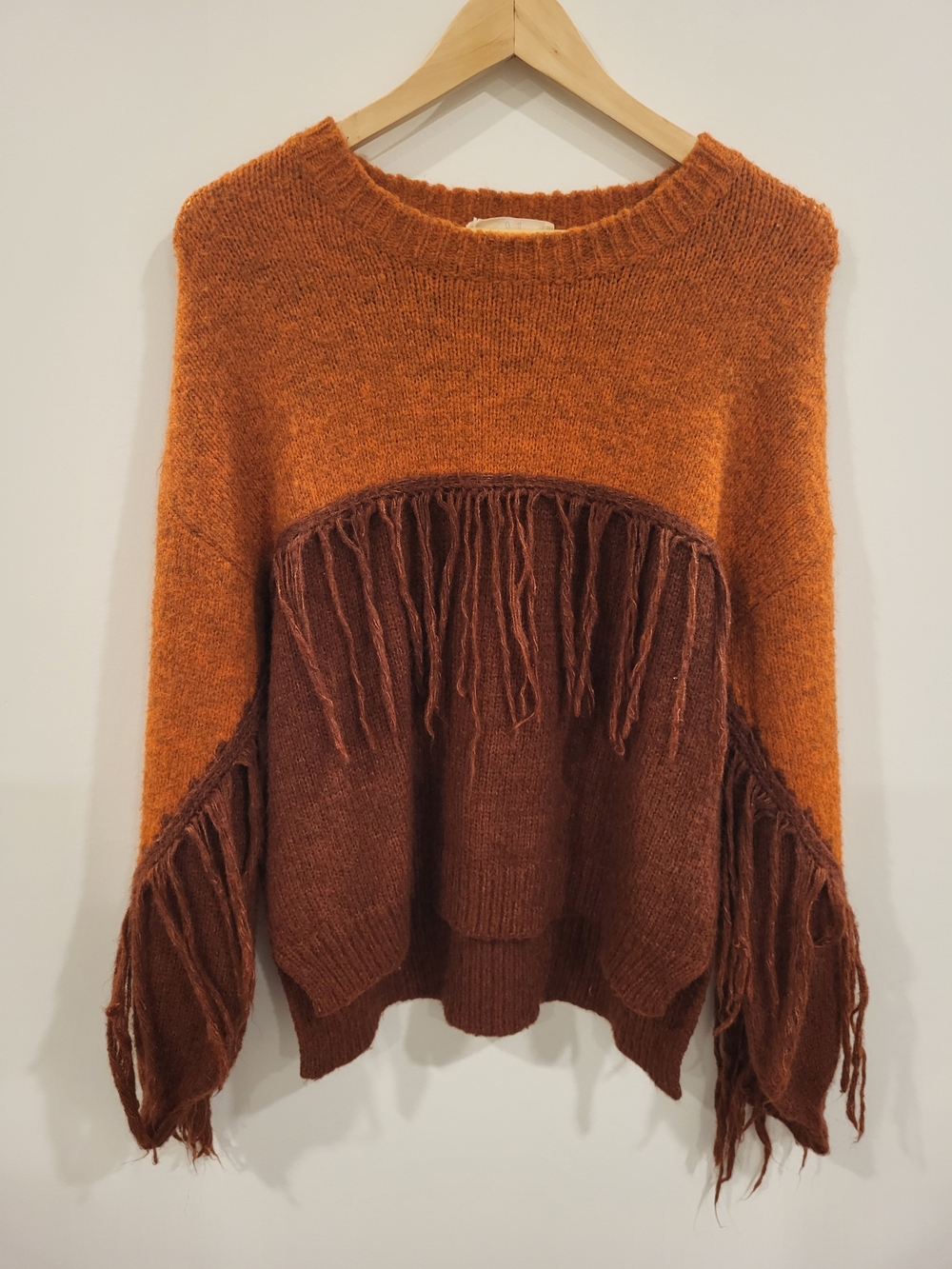 Molly Green Western Fringe Colorblock Sweater Rust & Burgandy Oversized Boho S